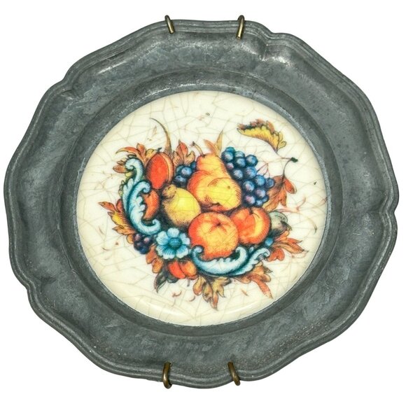 Vintage Pewter Coasters Ceramic Fruit Design Inserts Wall Decor Set of 6 READ - Picture 2 of 13
